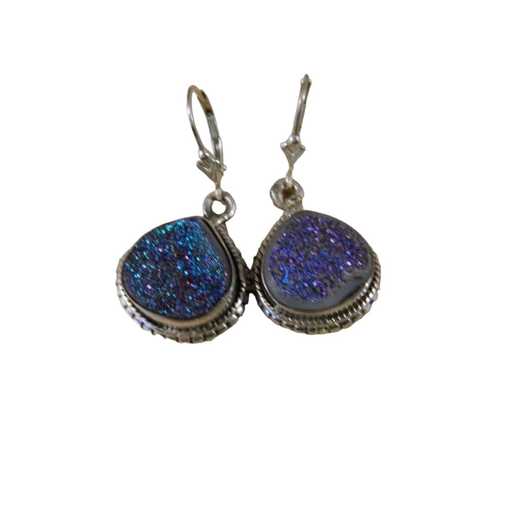 Vintage Sterling Silver Blue Green Purple Gold Drusy Quartz Earrings